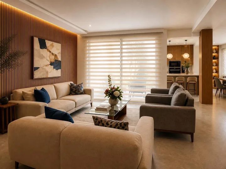 Sala con persianas claras